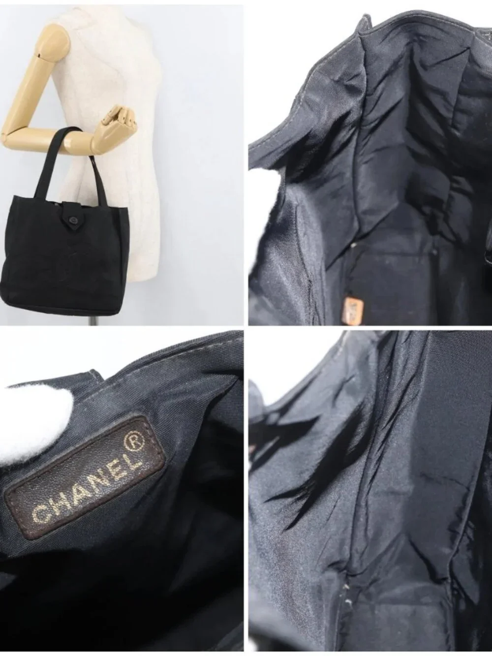 CHANEL Hand Bag Nylon Black Silver CC Auth 176247